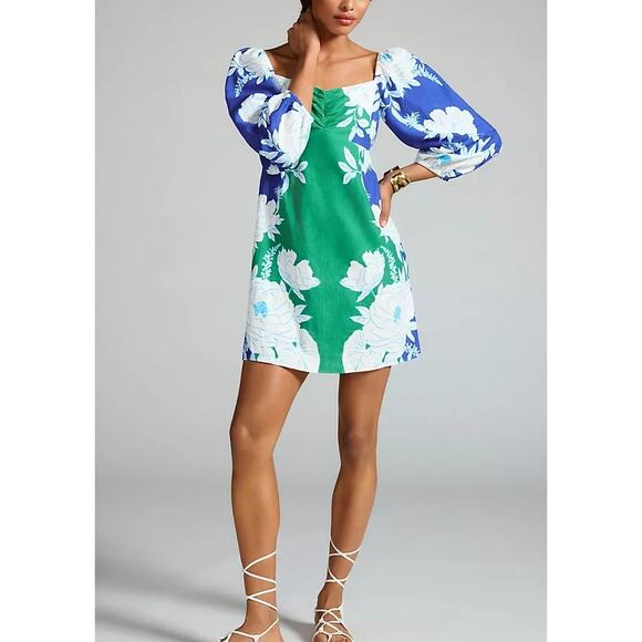 Farm Rio Soft Garden Linen-Blend Minidress Size Large Puff Sleeve Vacation - Picture 1 of 16